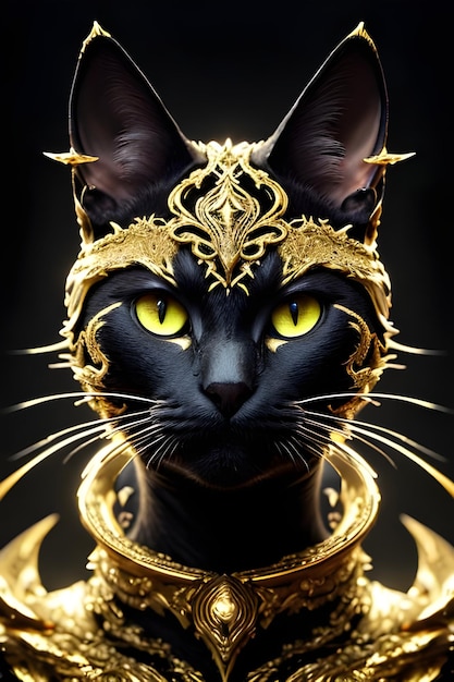 Un gatto con una maschera d'oro e accenti d'oro.