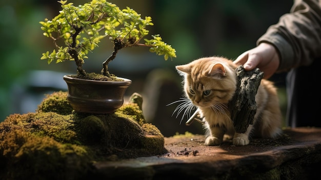 un gatto con una pianta in vaso sullo sfondo