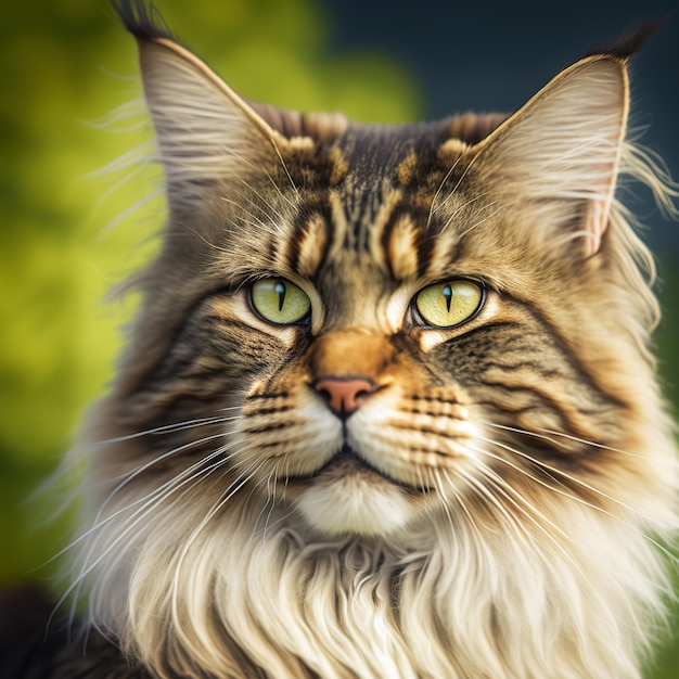 Un gatto con uno sfondo verde e un gatto marrone chiaro e nero con gli occhi gialli.