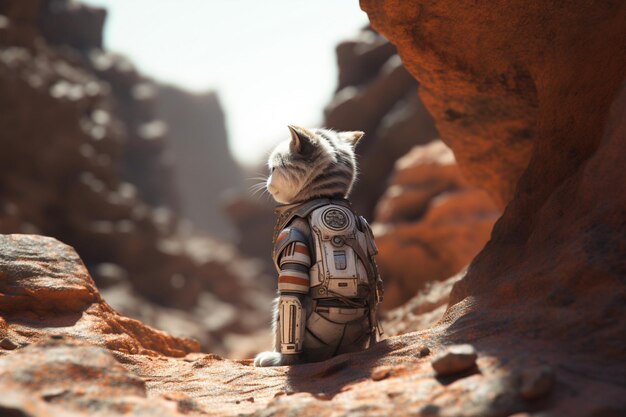 Un gatto con uno zaino si siede su una roccia in un deserto.