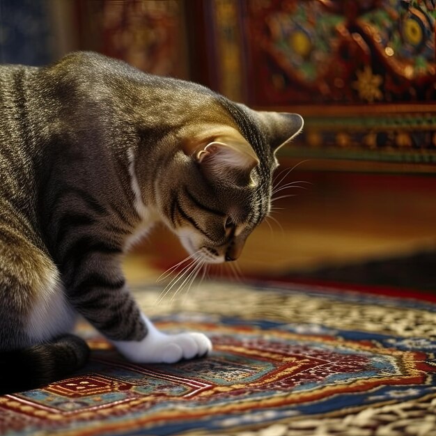 Un gatto con zampe bianche su un tappeto