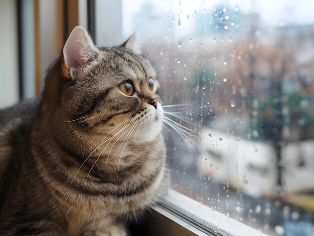 Un gatto contemplativo che guarda attraverso una finestra piena di pioggia