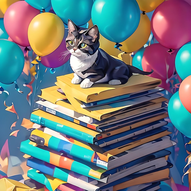 Un gatto curioso appoggiato sopra una pila di riviste circondato da una raffica di palloncini colorati