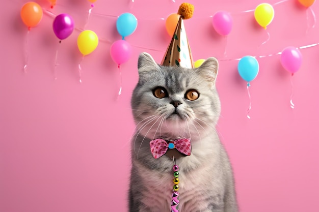 Un gatto curioso che celebra con un tema di compleanno