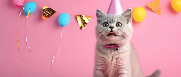 Un gatto curioso che celebra con un tema di compleanno