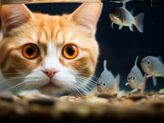 Un gatto curioso che guarda con affascinamento in un acquario aperto