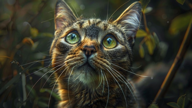 Un gatto curioso con un occhio verde e un occhio marrone che esplora il suo ambiente con uno sguardo curioso pieno di meraviglia e intelligenza