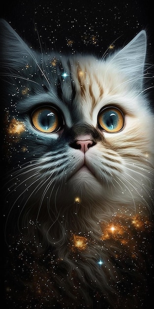 Un gatto dagli occhi gialli è seduto davanti a una galassia di stelle.