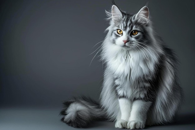 Un gatto dai capelli lunghi seduto che guarda un ritratto a corpo pieno su uno sfondo trasparente