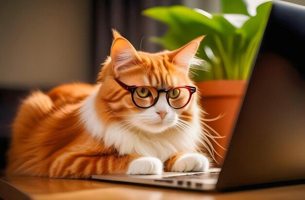 Un gatto dai capelli rossi con gli occhiali sta lavorando a una scrivania su un computer all'interno