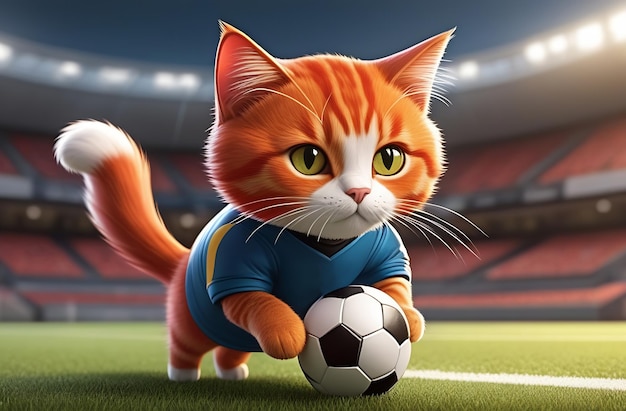 Un gatto dai capelli rossi con un'uniforme da calcio con una palla che gioca a calcio in stile comico