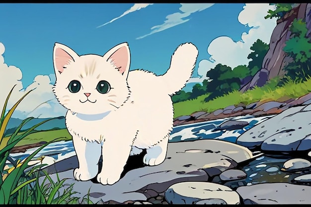 un gatto dei cartoni animati con gli occhi grandi in piedi su una roccia