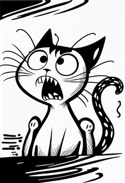 Un gatto dei cartoni animati è seduto sul pavimento e ha un disegno in bianco e nero di un gatto.
