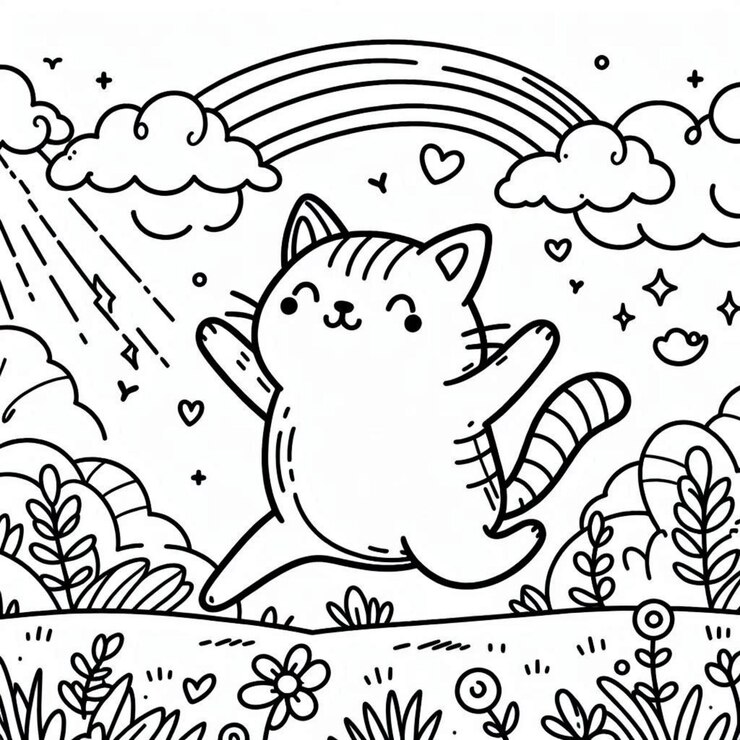 un gatto dei cartoni animati sta correndo nelle nuvole con le parole "gatto" su di esso