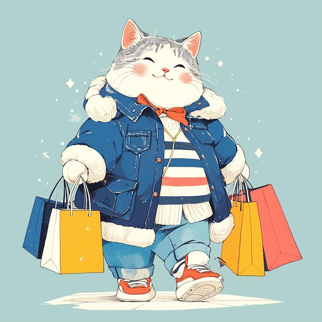Un gatto dei cartoni animati sta tenendo delle borse della spesa e indossa un cappotto blu Il gatto sta sorridendo ed è felice