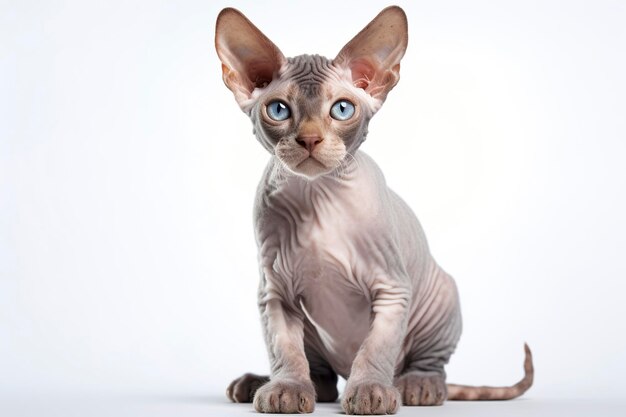 Un gatto Devon Rex isolato su uno sfondo bianco