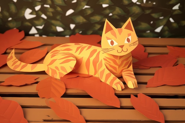 Un gatto di carta seduto su una panca di legno