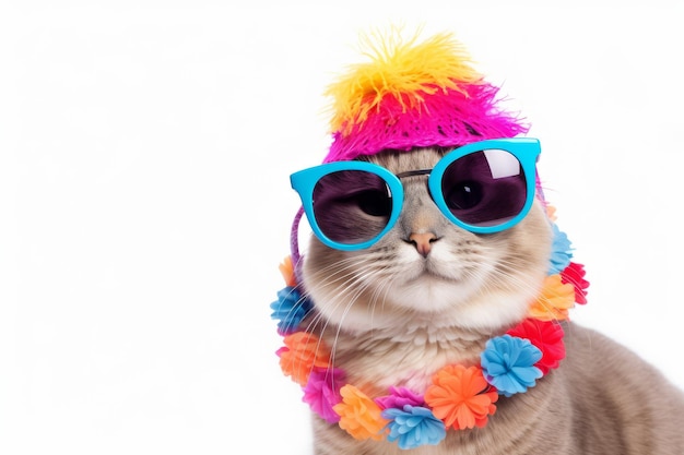 Un gatto divertente che indossa un cappello estivo colorato e occhiali da sole alla moda sullo sfondo bianco generato dall'IA