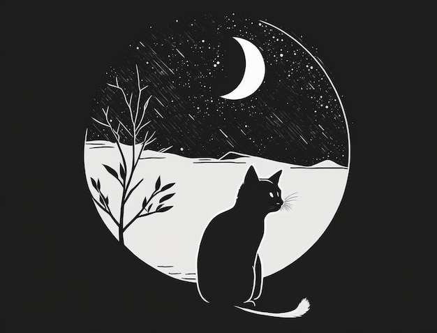 Un gatto dolce e innocente illustrato in uno stile minimalista in bianco e nero