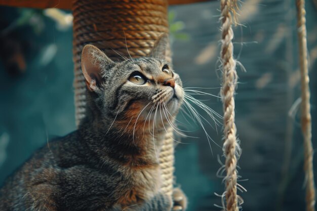 Un gatto domestico divertente si arrampica sul palo del gatto