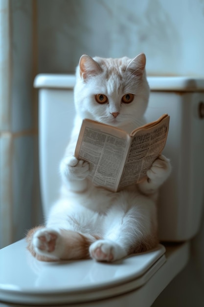 Un gatto domestico è seduto sul bagno e sta leggendo un giornale