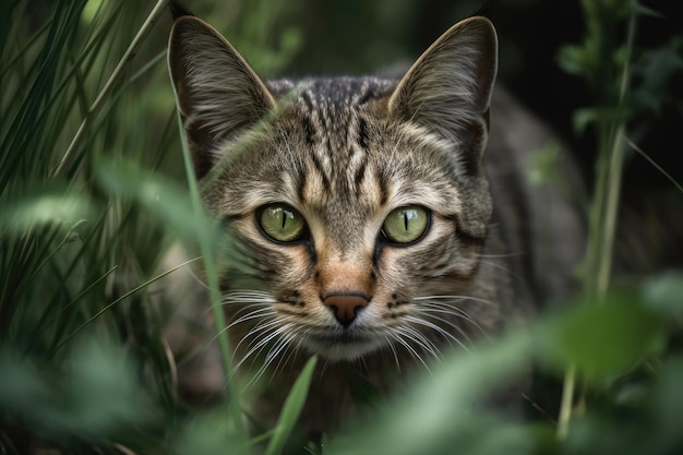 Un gatto domestico si nascondeva nell'erba