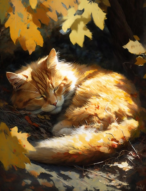 Un gatto dorme in un paesaggio autunnale.