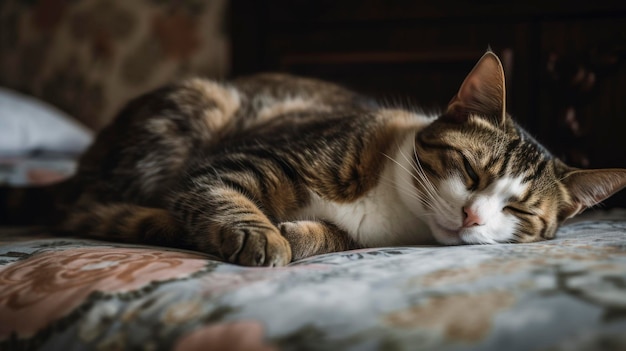 Un gatto dorme su un divano con un motivo floreale sul fondo.