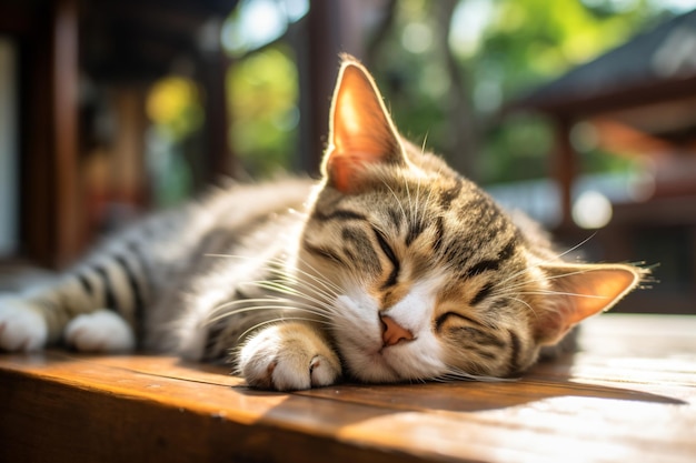 un gatto dorme su un tavolo di legno