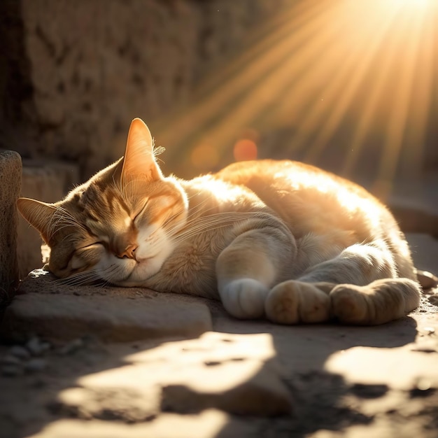 Un gatto dorme su una superficie di mattoni illuminata dal sole.