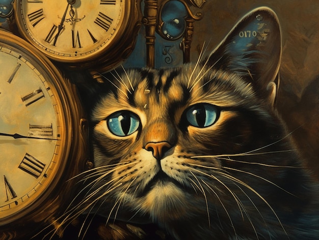 Un gatto è accanto a un orologio con i numeri 10 e 10.