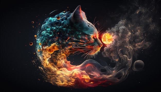 Un gatto e il fuoco sono mostrati in questa illustrazione.