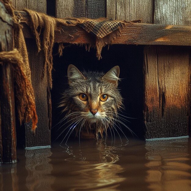 un gatto è in acqua con un nastro blu attorno al collo