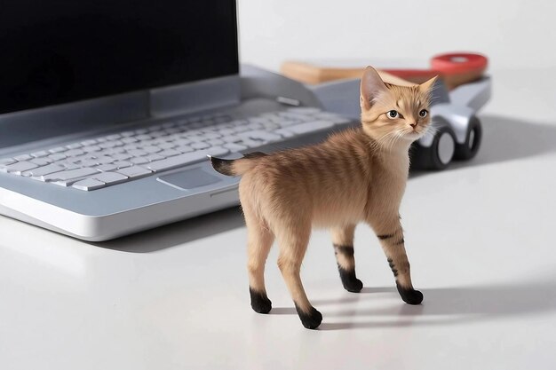 Un gatto è in piedi accanto a un laptop e una tastiera.