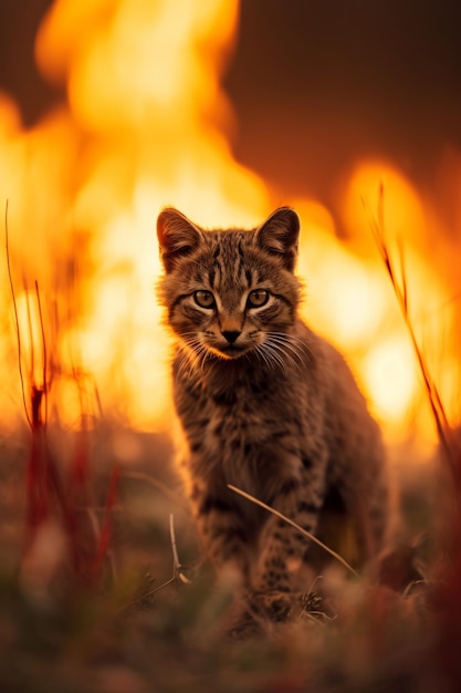 un gatto è in piedi davanti a un fuoco