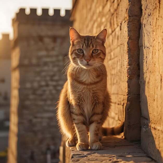 un gatto è in piedi su un cornicione con il sole che splende su di esso