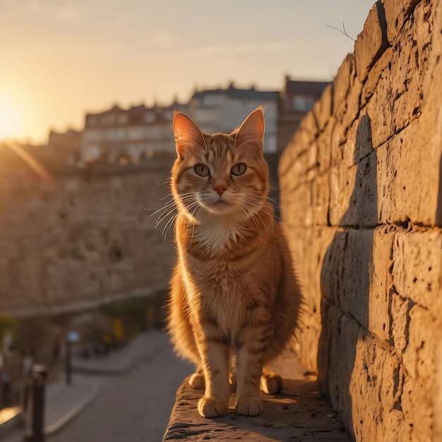 un gatto è in piedi su un muro al sole