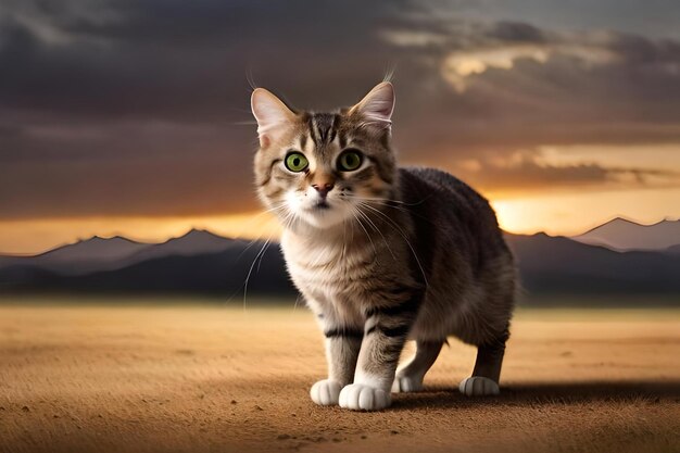 Un gatto è in piedi su una strada sterrata e il tramonto sullo sfondo.