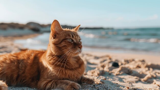 un gatto è sdraiato sulla spiaggia e guarda la telecamera