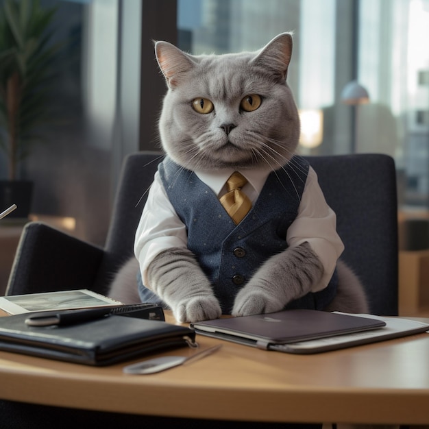 Un gatto è seduto a una scrivania con una penna e un taccuino.