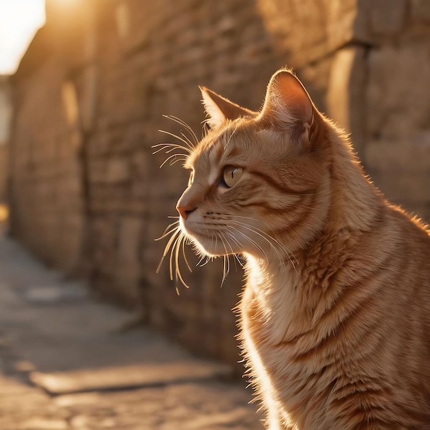 un gatto è seduto di fronte a un muro con il sole che splende su di esso