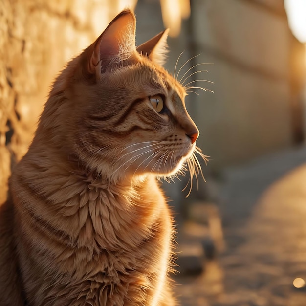 un gatto è seduto di fronte a un muro con il sole che splende su di esso