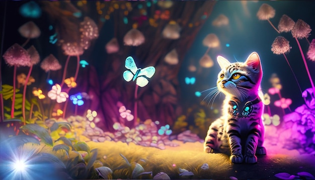 Un gatto è seduto in un colorato giardino luminoso Il gatto è alla ricerca di specie e luci luminose