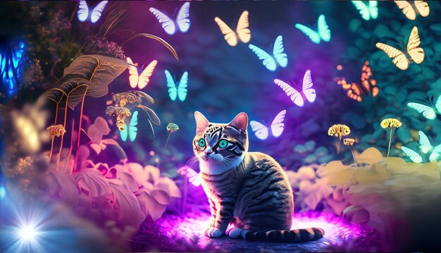 Un gatto è seduto in un colorato giardino luminoso Il gatto è alla ricerca di specie e luci luminose