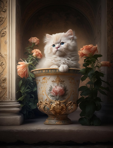 Un gatto è seduto in un vaso con sopra dei fiori.