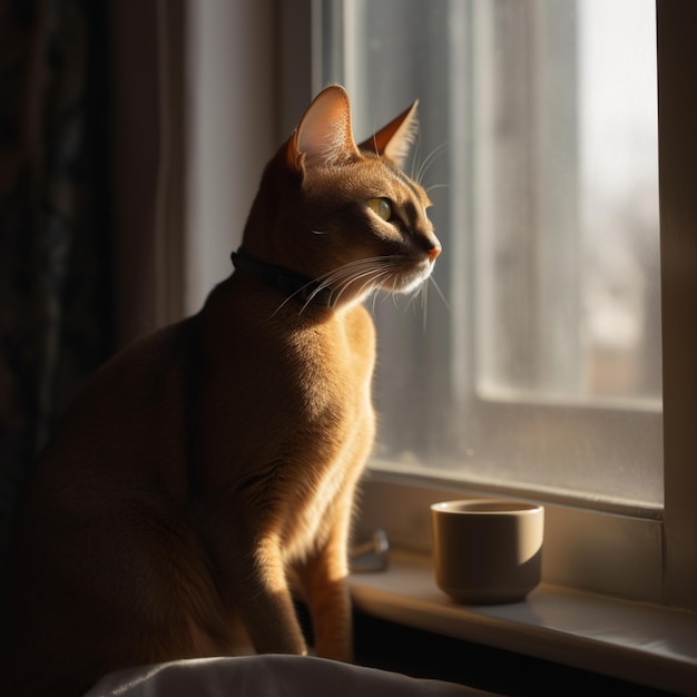 Un gatto è seduto in una finestra che guarda fuori dalla finestra.