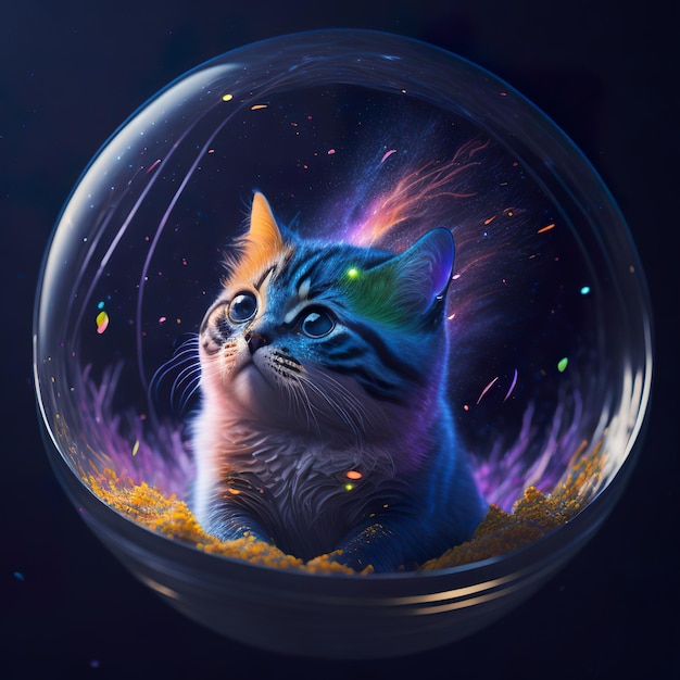 Un gatto è seduto in una palla di vetro con sopra la parola gatto.