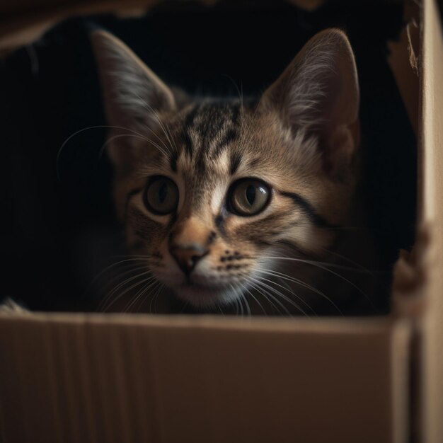 Un gatto è seduto in una scatola con sopra la parola gatto.