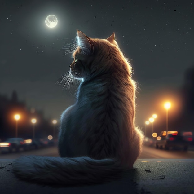 Un gatto è seduto per strada e guarda la luna.