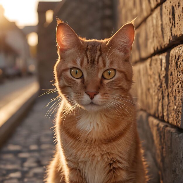 un gatto è seduto su un muro di mattoni e guarda la telecamera